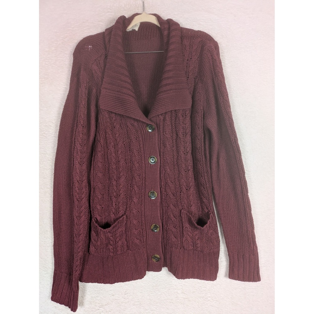 St John's Bay Cardigan Women's XL Burgundy Cable Knit Shawl Collar Button Front